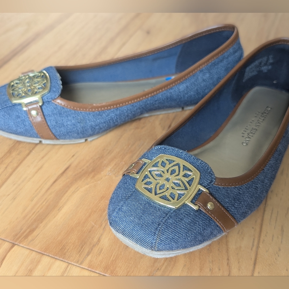 Christian Siriano For Payless Denim and Brown Flats with Gold Detail